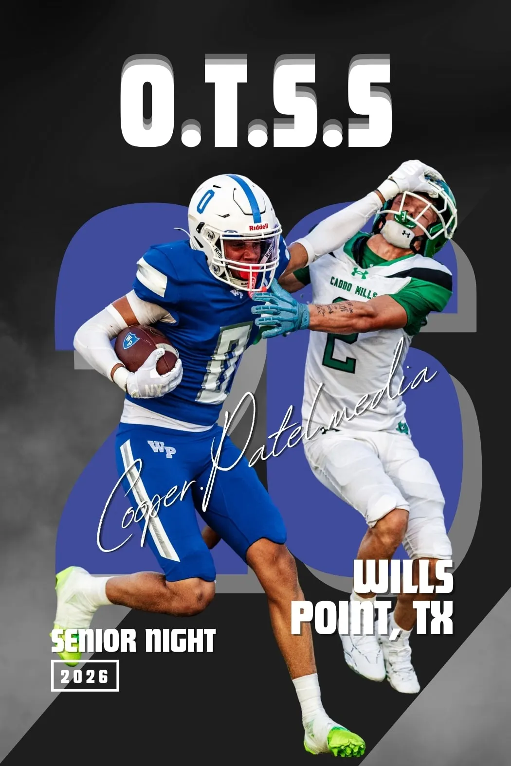 Senior night football graphic for Wills Point Tigers number 0, stiff-arming a Caddo Mills defender