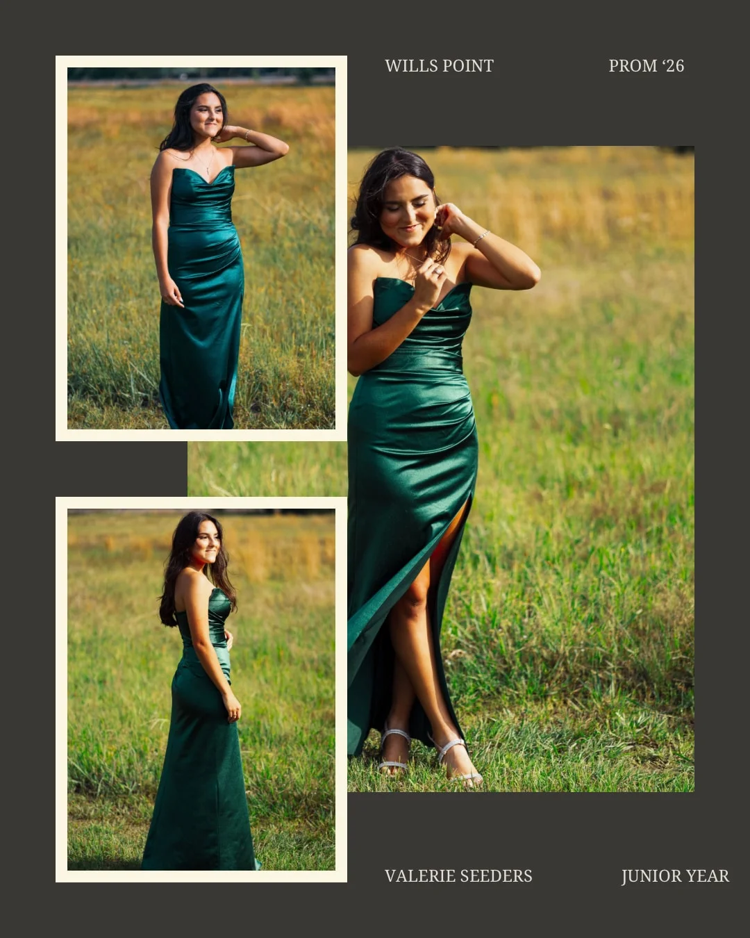 Prom 2026 collage, green satin dress in a field, Wills Point