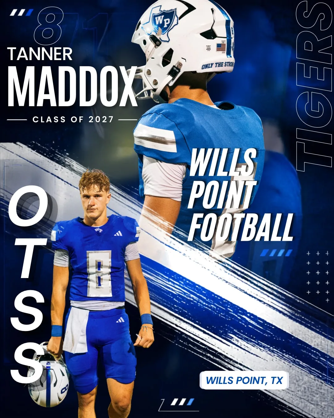 Custom football graphic for Wills Point Tigers number 8, Class of 2027